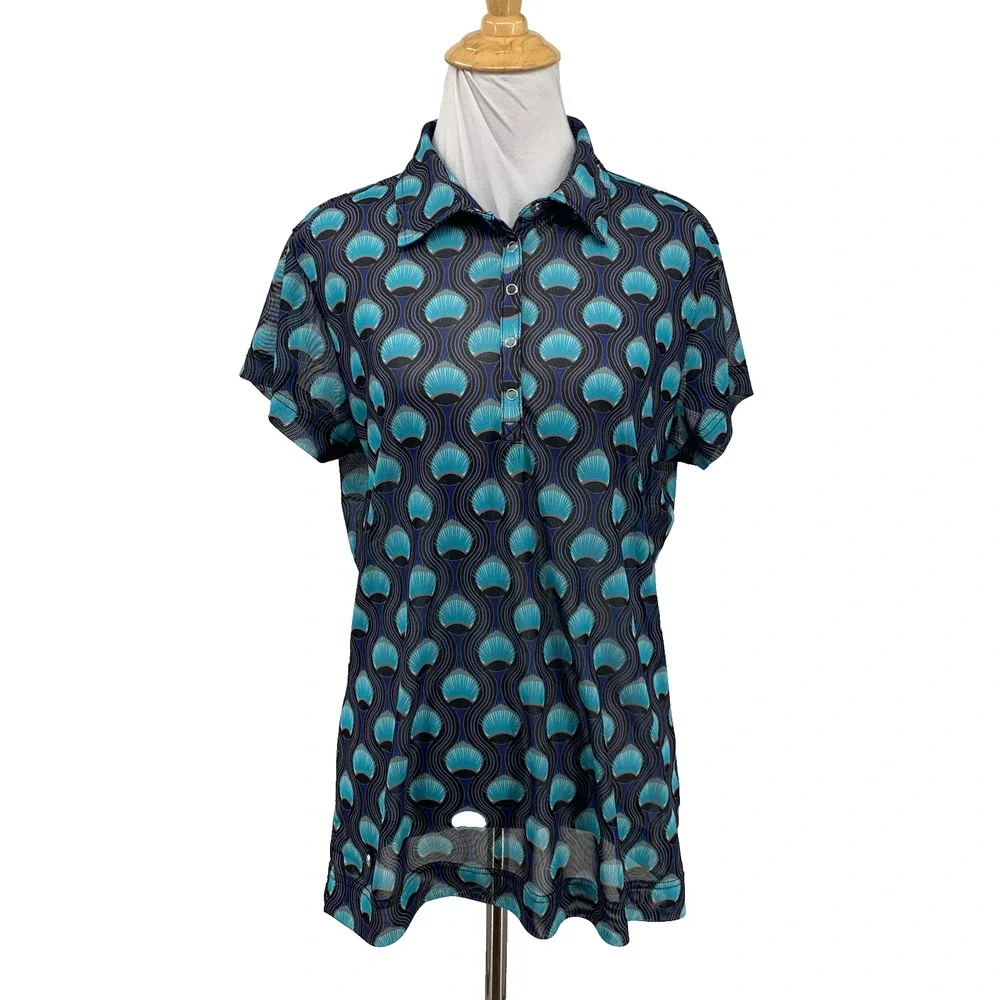 Daily Sports Shirt Women XL Extra Large Peacock Feather Button Placket Mesh Polo